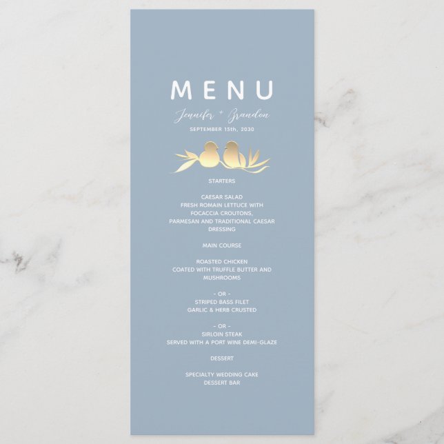 Dusty Blue Lovebirds Wedding Menu (Front)