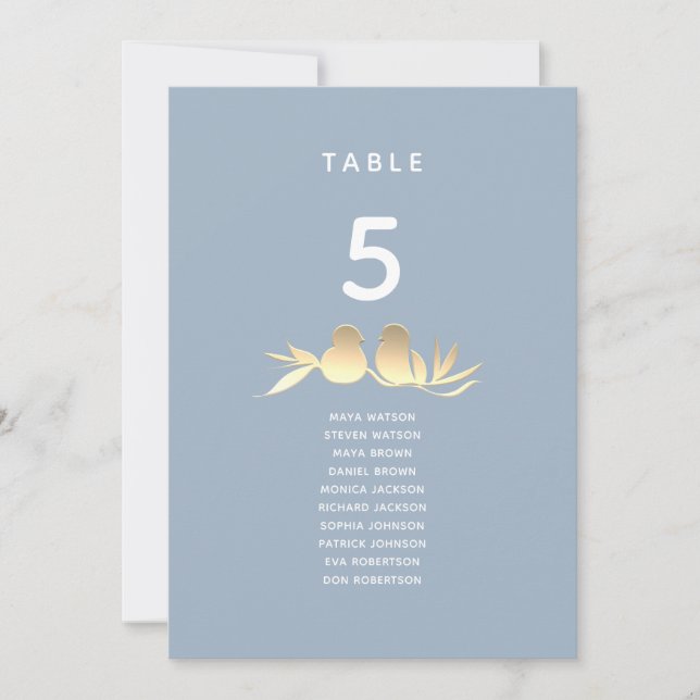 Dusty Blue Lovebirds Wedding Seating Card (Front)