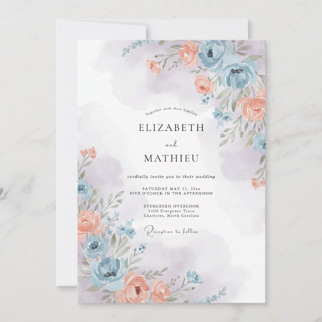Dusty Blue Lyrical Watercolor Wedding Invitation (Front)