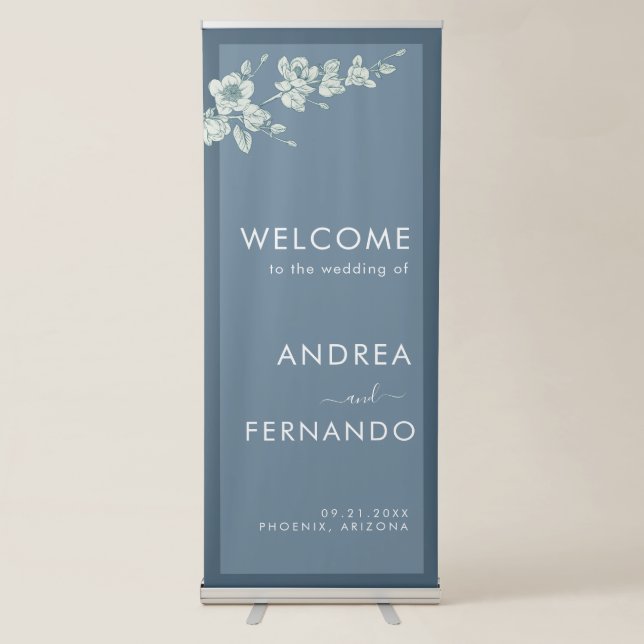 Dusty Blue Magnolia Branch Bloom Rustic Spring  Retractable Banner (Front)