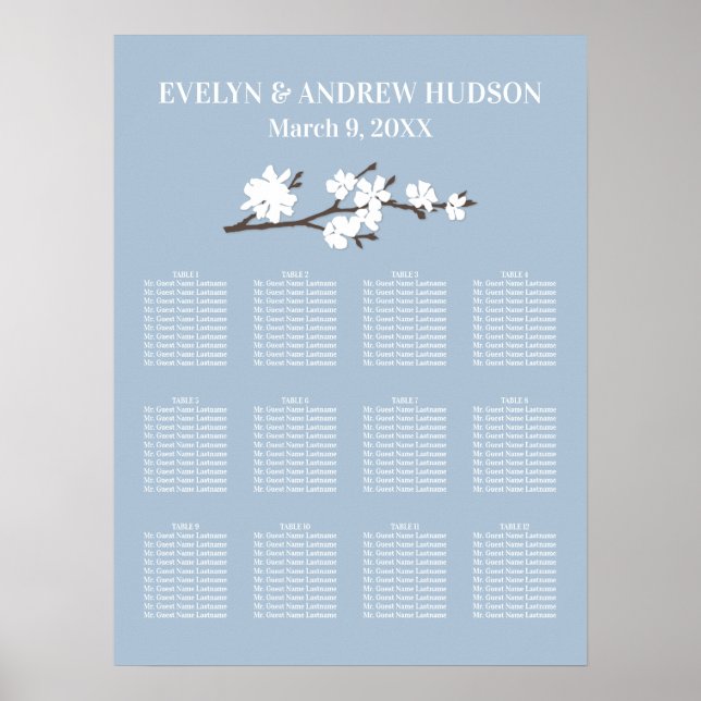 Dusty Blue Magnolia Branch Wedding Seating Poster (Front)
