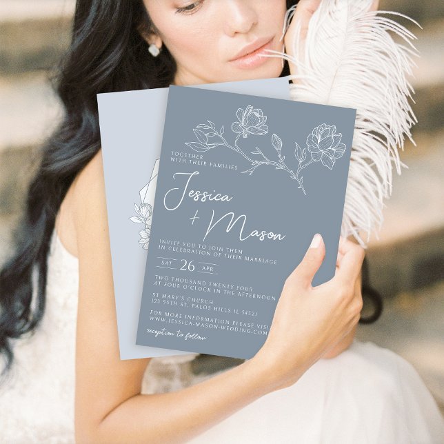 Dusty blue magnolia minimalist wedding invitation (Creator Uploaded)