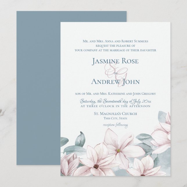 Dusty Blue Magnolias Elegant Spring Wedding Invitation (Front/Back)