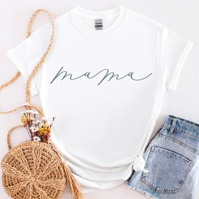 Dusty Blue Mama Cute Script T-Shirt