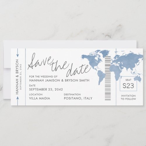 Dusty Blue Map Boarding Pass Ticket Save the Date