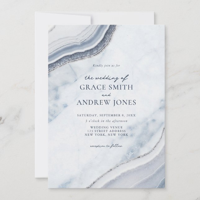 Dusty Blue Marble Agate Wedding Invitation (Front)