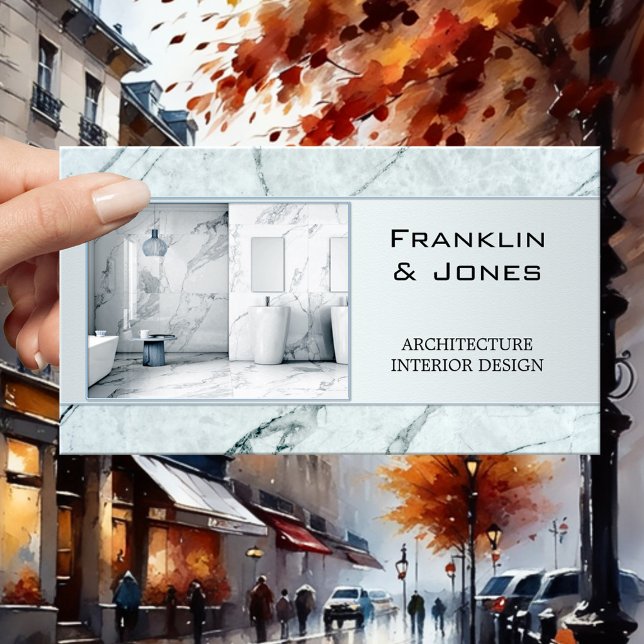 Dusty Blue Marble Architect Interior Design Photo Business Card (Business card featuring your photo framed by a modern pastel blue marble style design - architecture)