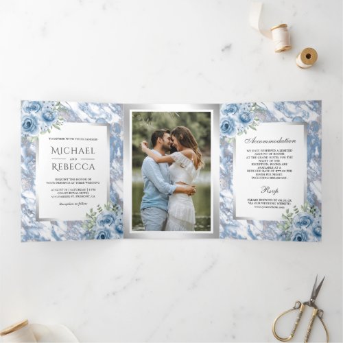 Dusty Blue Marble Floral Silver Foil Photo Wedding Tri_Fold Invitation