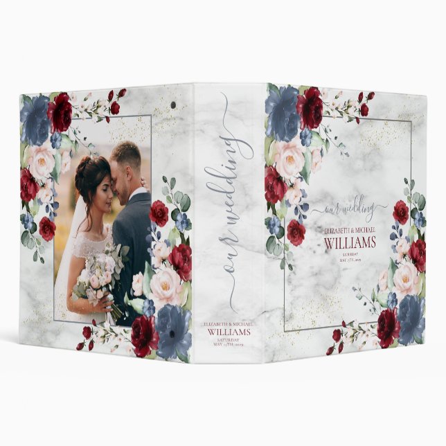 Dusty Blue Marble Gold Floral Wedding Photo Album 3 Ring Binder (Background)