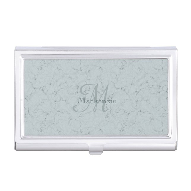 Dusty Blue Marble Monogram Custom Name Business Card Case (Front)
