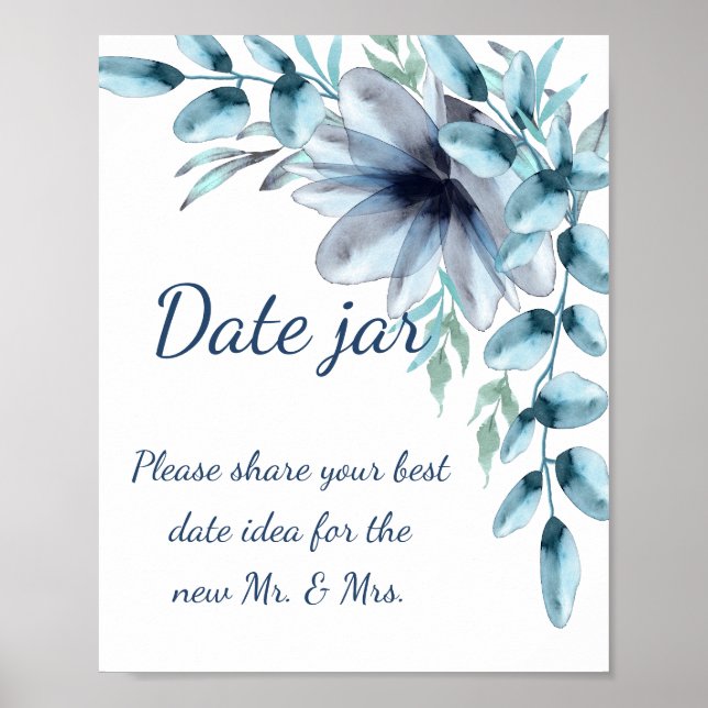  Dusty blue marine floral date jar bridal shower Poster (Front)