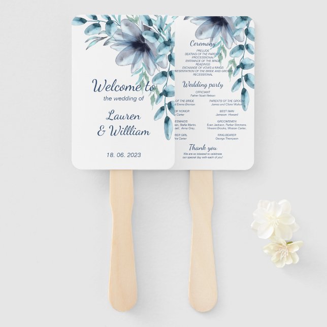 Dusty blue marine floral hand fan (Front and Back)