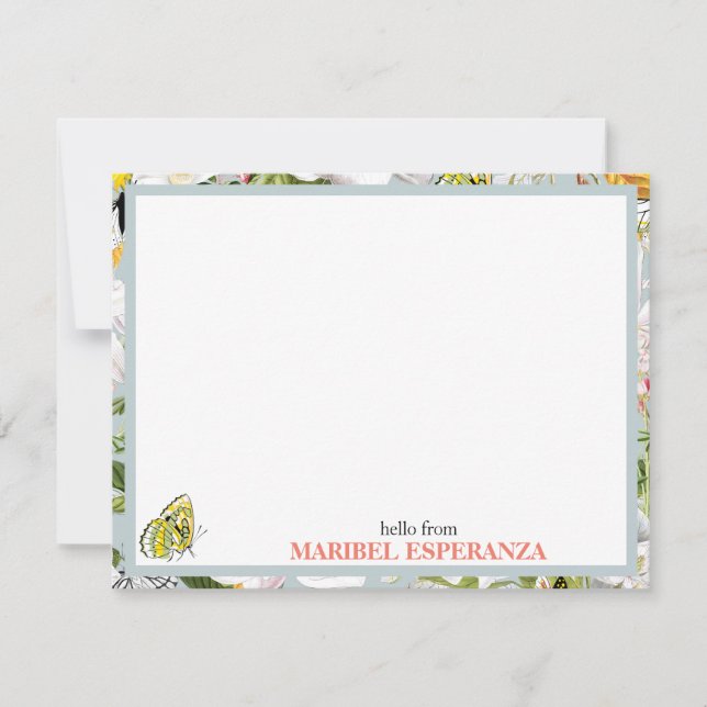 Dusty Blue Mariposa Personalized Flat Note Card (Front)