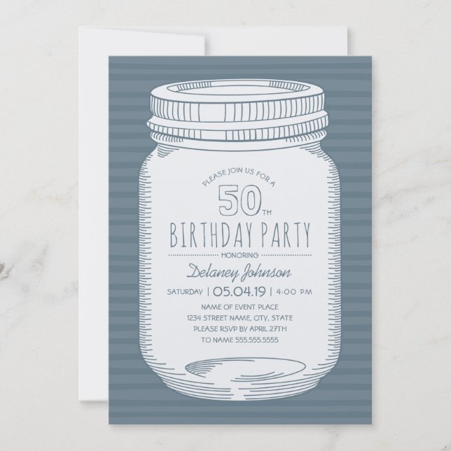 Dusty Blue Mason Jar Rustic 50th Birthday Party Invitation (Front)