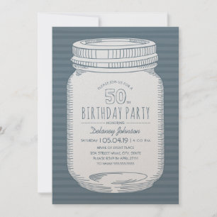 Dusty Blue Mason Jar Rustic 50th Birthday Party Invitation