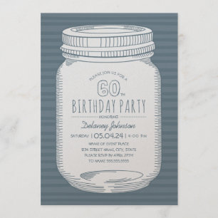 Dusty Blue Mason Jar Rustic 60th Birthday Party Invitation