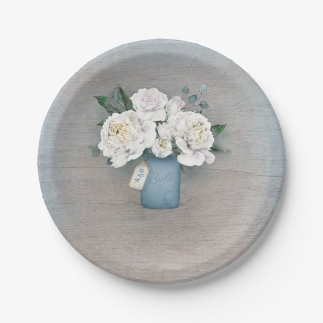 Dusty Blue Mason Jar Rustic Floral Wedding Paper Plates (Front)