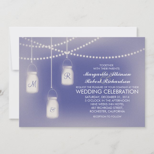 Dusty Blue Mason Jar Rustic Lights Wedding Invitation (Front)