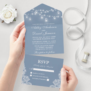 Dusty Blue Mason Jar String Lights Lace Wedding All In One Invitation