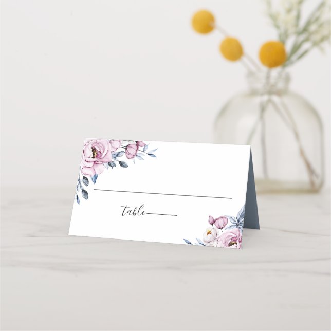 Dusty Blue Mauve Botanical Floral Wedding Place Card (Front)
