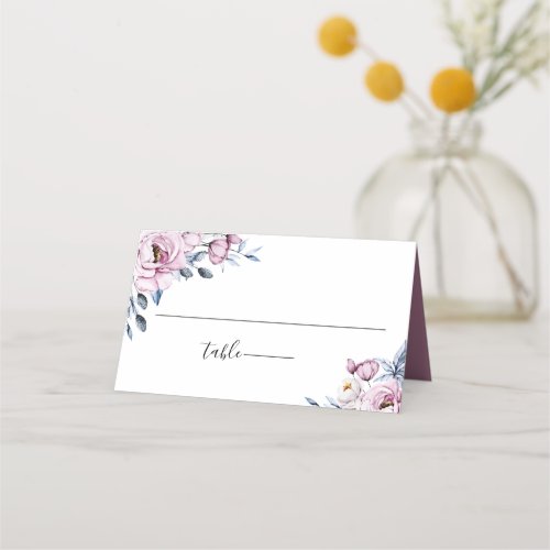 Dusty Blue Mauve Botanical Floral Wedding Place Card