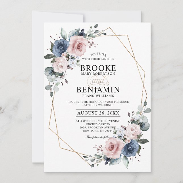 Dusty Blue Mauve Eucalyptus Geometric Wedding Invitation (Front)