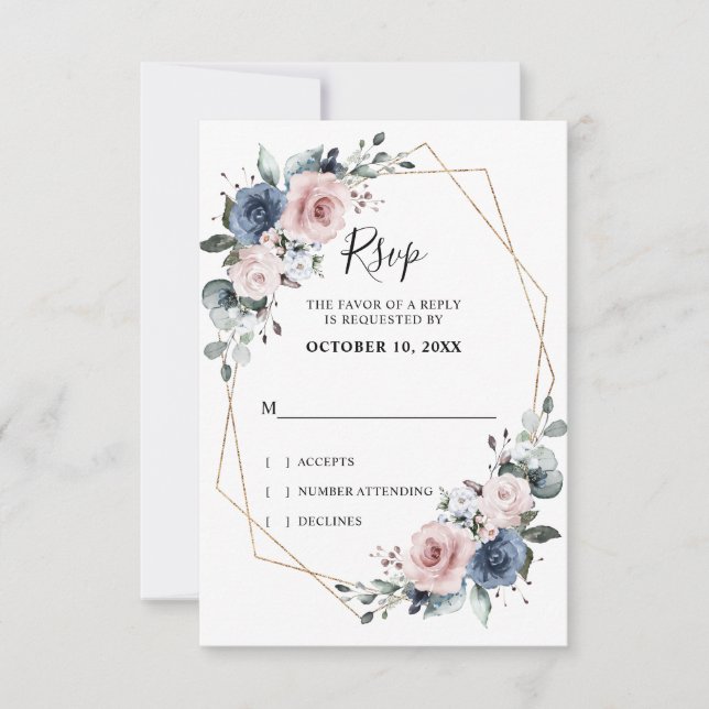 Dusty Blue Mauve Eucalyptus Geometric Wedding RSVP (Front)