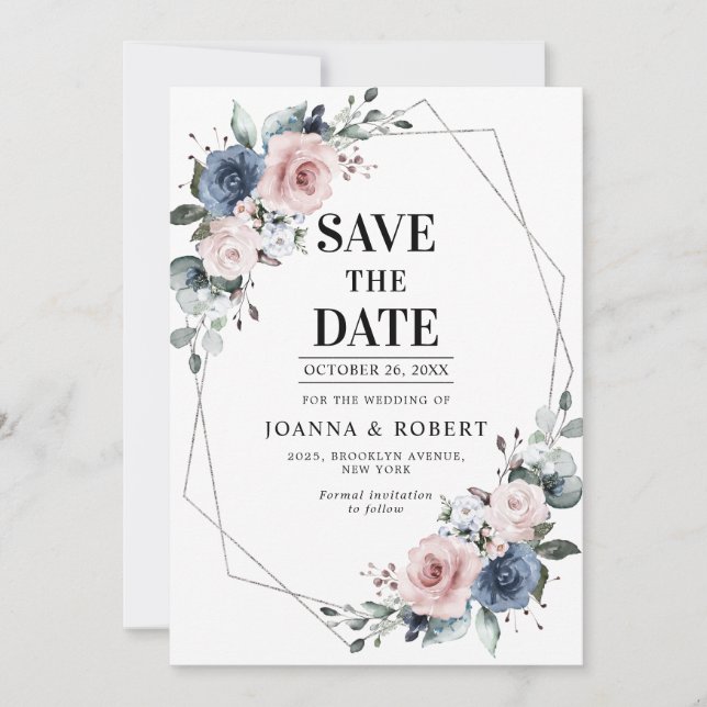 Dusty Blue Mauve Eucalyptus Geometric Wedding Save Save The Date (Front)