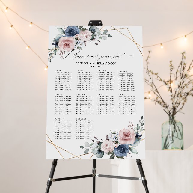 Dusty Blue Mauve Eucalyptus Wedding Seating Chart Foam Board (In Situ (Stand))