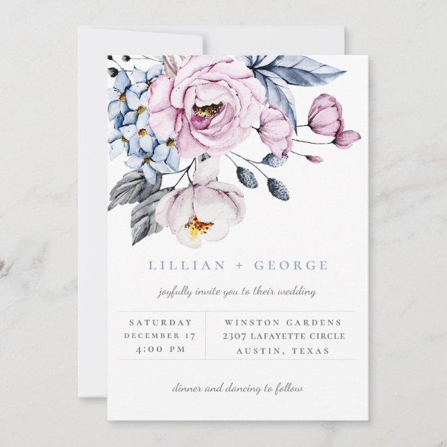 Dusty Blue Mauve Floral Bouquet Wedding Invitation (Front)