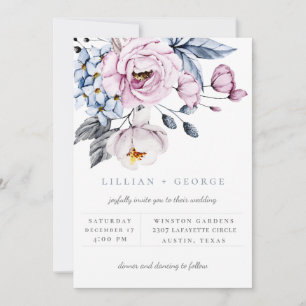 Dusty Blue Mauve Floral Bouquet Wedding Invitation