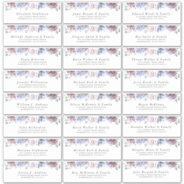 Dusty Blue Mauve Floral Individual Address Labels (Front)