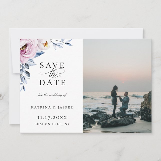 Dusty Blue Mauve Floral Photo Save The Date Announcement (Front)