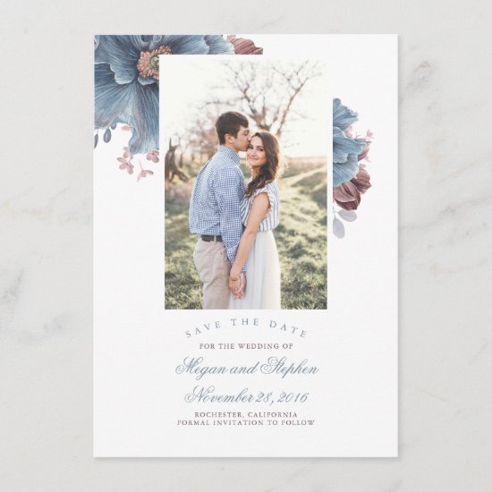 Dusty Blue & Mauve Floral Photo Save the Date Card