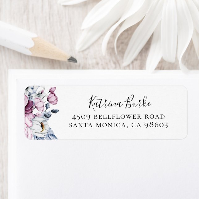 Dusty Blue Mauve Floral Return Address Label (Insitu)