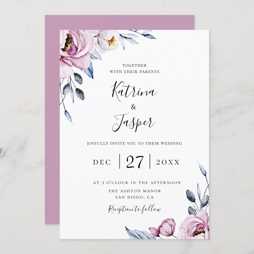 Dusty Blue Mauve Floral Wedding Invitation | Zazzle