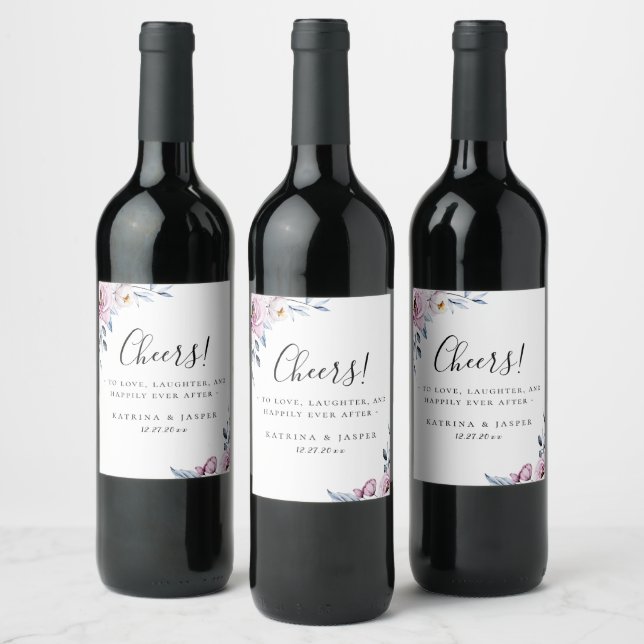 Dusty Blue Mauve Floral Wedding Wine Label (Bottles)