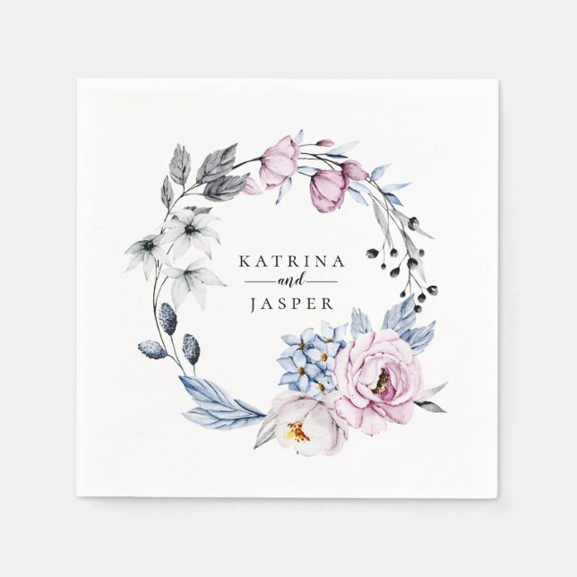 Dusty Blue Mauve Floral Wreath Napkins (Front)