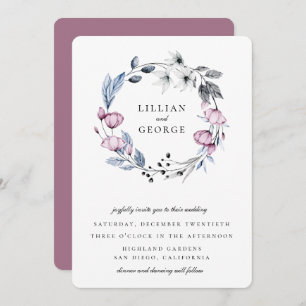 Dusty Blue Mauve Floral Wreath Wedding Invitation