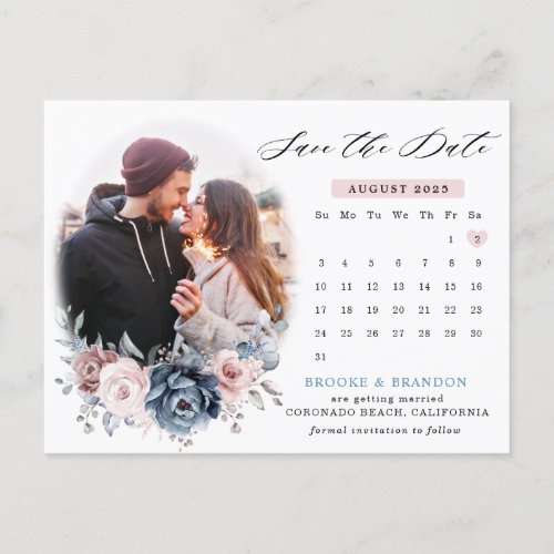 Dusty Blue Mauve Rose Photo calendar save the date Postcard