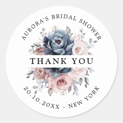 Dusty Blue Mauve Rose Pink Bridal Shower Thank you Classic Round Sticker