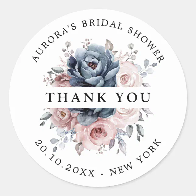 Dusty Blue Mauve Rose Pink Bridal Shower Thank you Classic Round ...