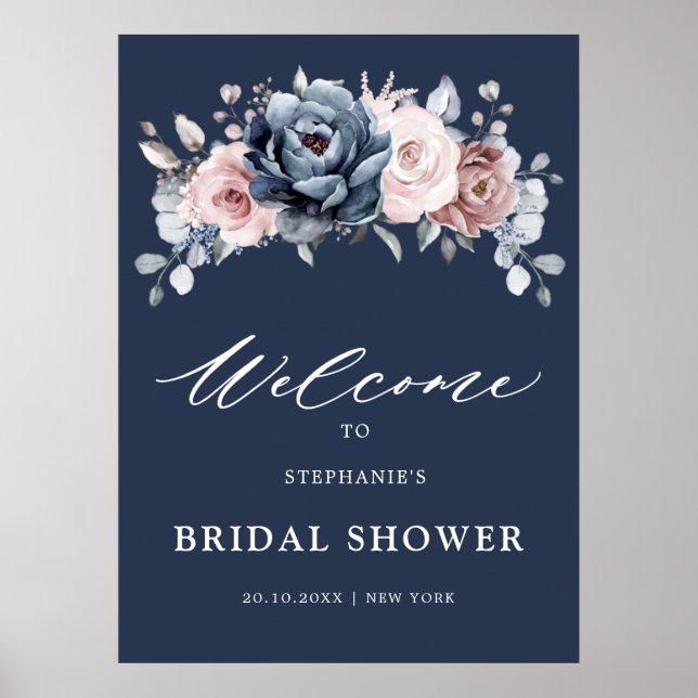 Dusty Blue Mauve Rose Pink  Bridal Shower Welcome  Poster (Front)