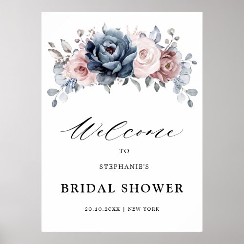Dusty Blue Mauve Rose Pink  Bridal Shower Welcome  Poster