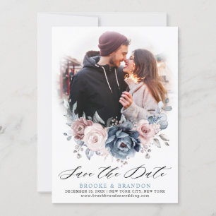 Dusty Blue Mauve Rose Pink Floral Save the Date