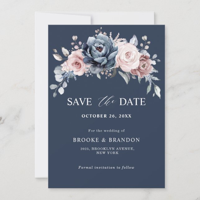 Dusty Blue Mauve Rose Pink Floral Save the Date (Front)