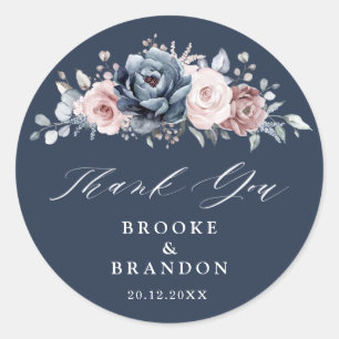 Dusty Blue Mauve Rose Pink Floral Thank you Classi Classic Round Sticker