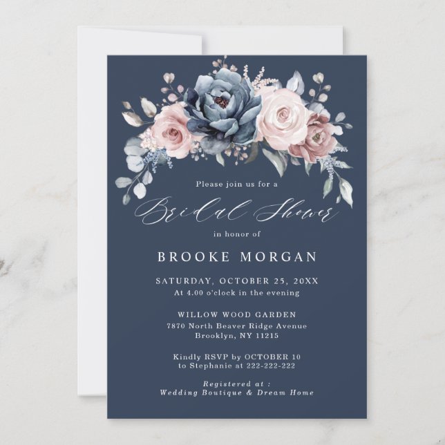 Dusty Blue Mauve Rose Pink Slate Bridal Shower Inv Invitation (Front)