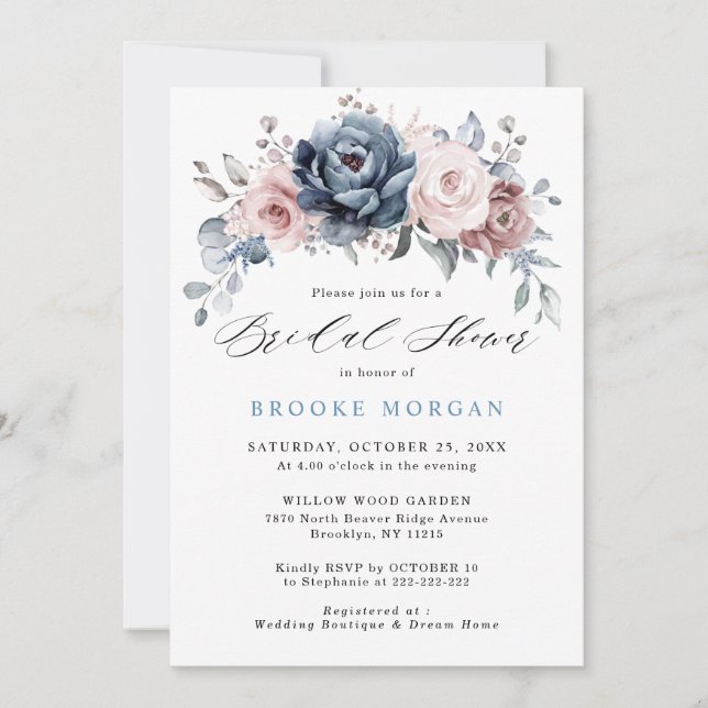 Dusty Blue Mauve Rose Pink Slate Bridal Shower Invitation (Front)