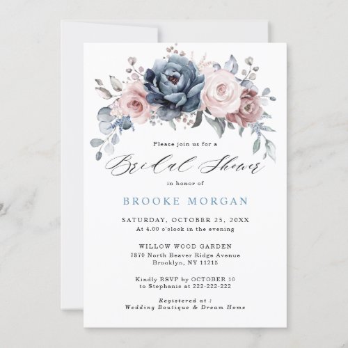 Dusty Blue Mauve Rose Pink Slate Bridal Shower Invitation